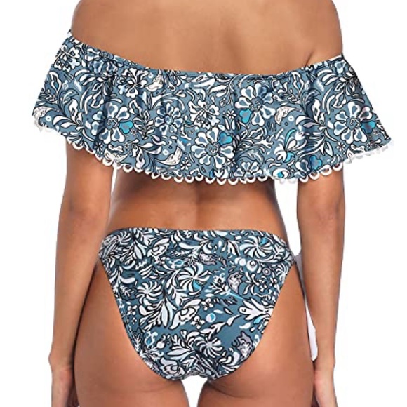 NWT - Tempt Me Cheeky Hipster Off Shoulder Ruffle Two Piece Bikini Black Floral - Picture 6 of 8